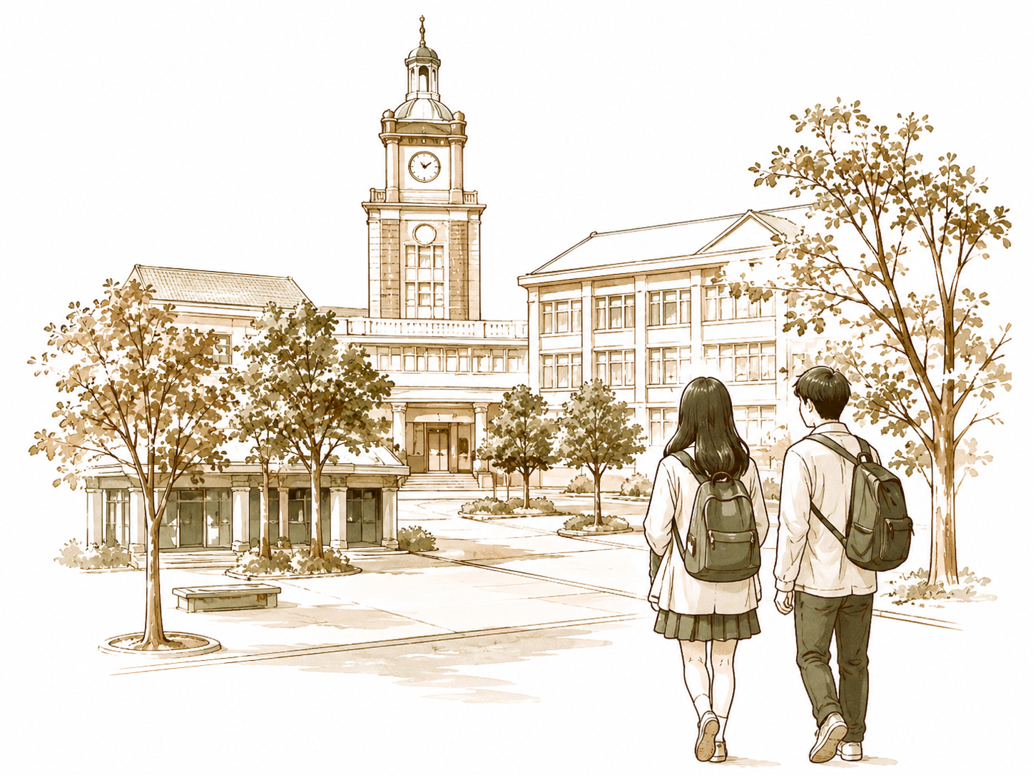 校园学生交流场景线稿插图