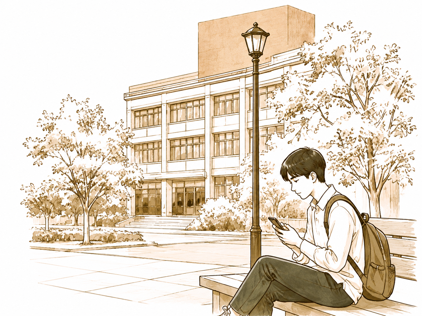 学生独坐校园长椅前方有教学楼的线稿插图