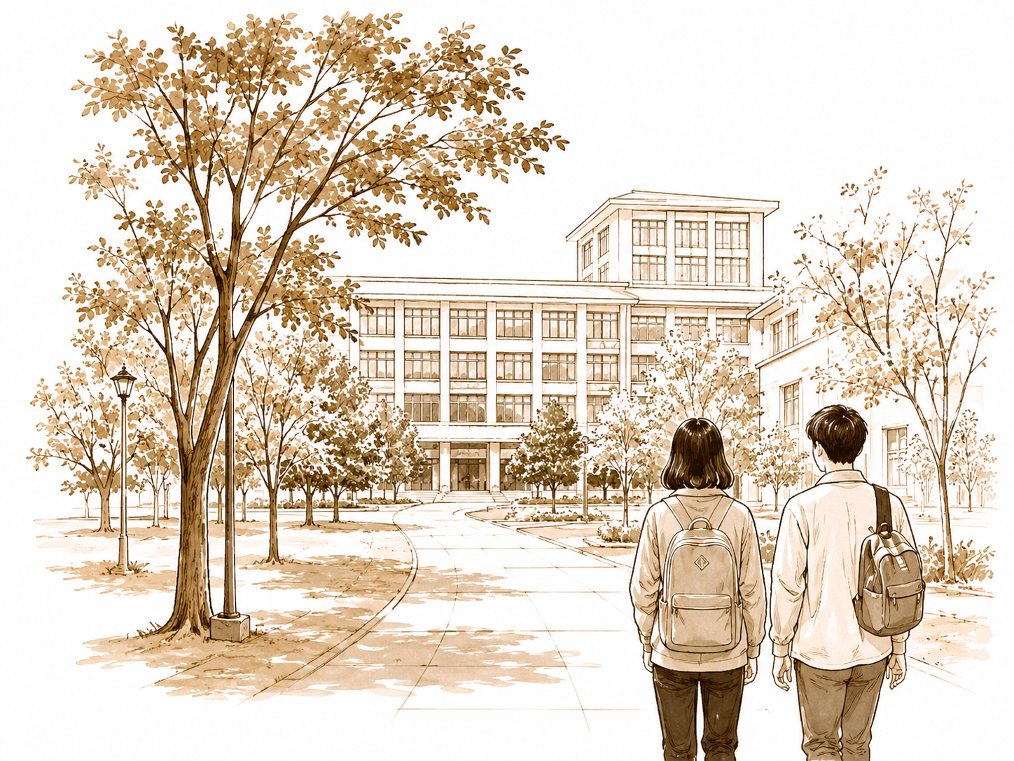 两名学生沿校园主干道走向教学楼的线稿插图