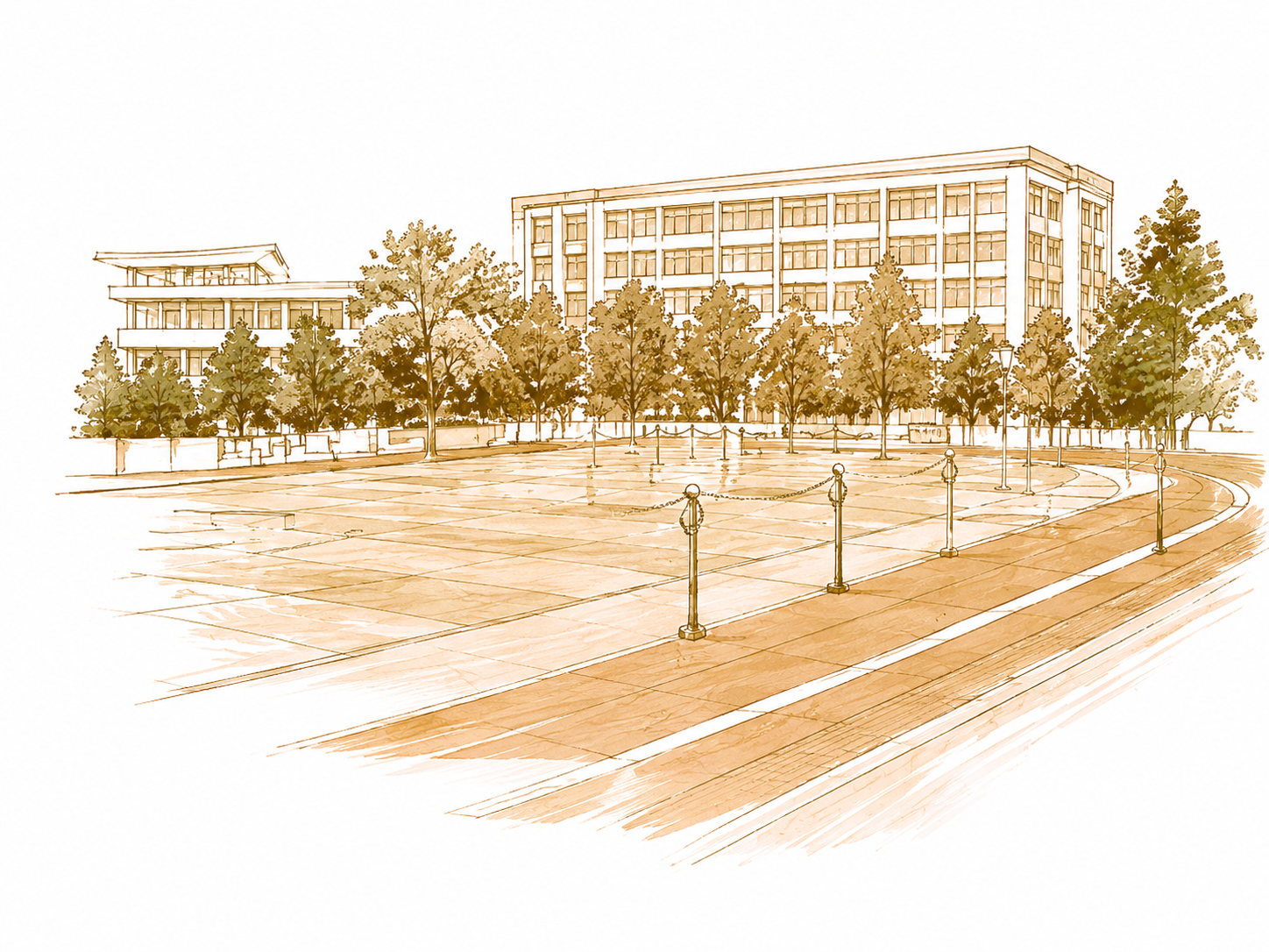 校园操场与教学楼形成距离感的线稿插图