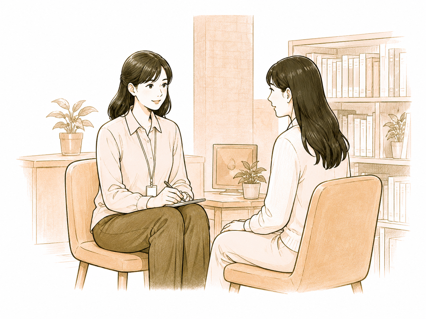 老师与学生面对面沟通核验的线稿插图